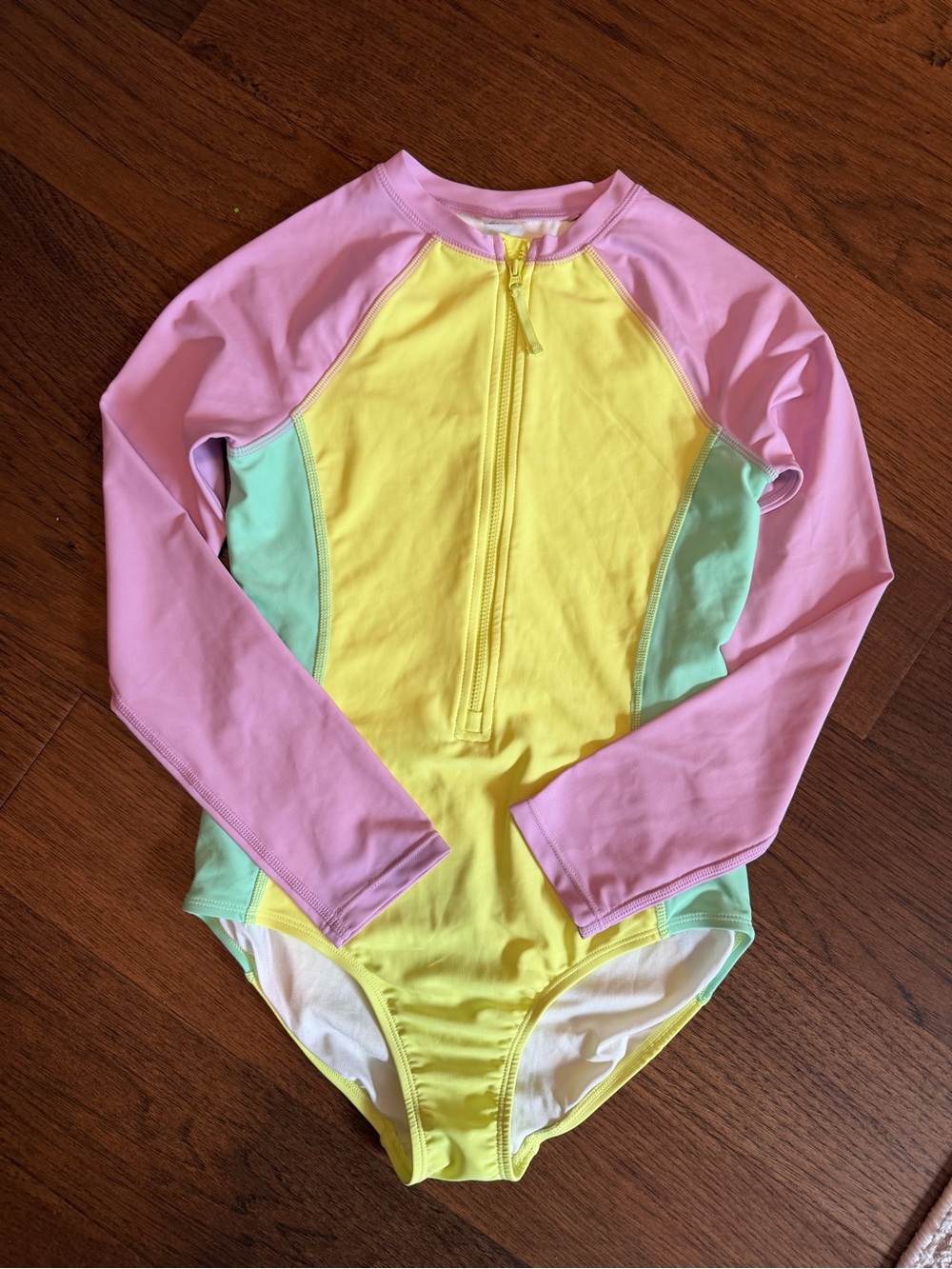 Old Navy Girls' Long-Sleeve Colorblock One-Piece Swimsuit - Pink, Yellow, Mint